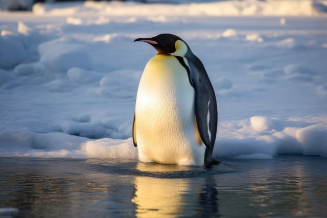 Emperor penguin standing in water, created using generative ai technology. Nature, animal and wildlife concept digitally generated image.
