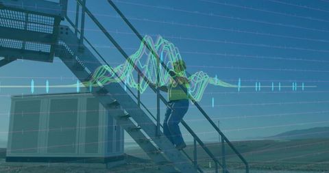 Technician Climbing Metal Stairs with High-Tech Overlay