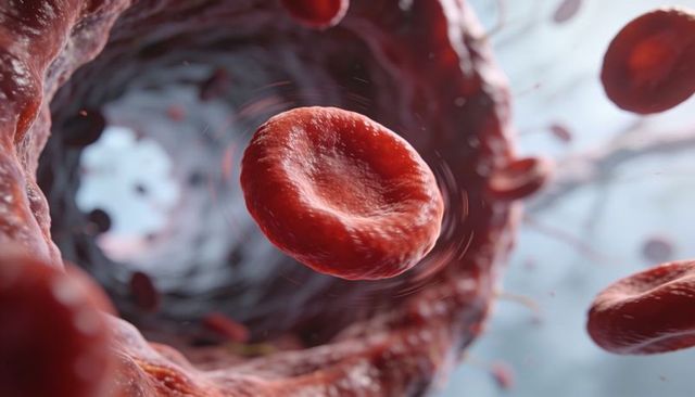 Single red blood cell traveling through microvessel showing textured membrane and platelets