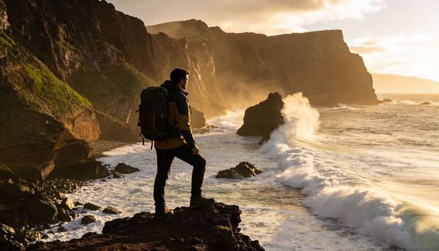Backpacker on rocky headland watching waves crashing against coastal cliffs at sunset