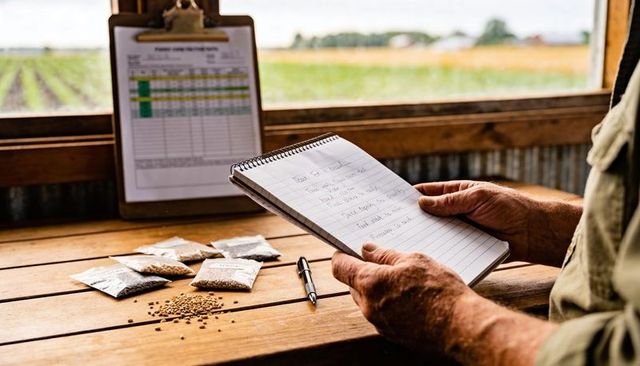 Farmer noting seed samples in rustic shed notebook with seed packets on wooden bench