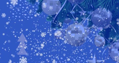 Festive pine branch with silver baubles and snowflakes
