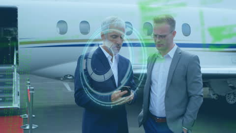 Businessmen Analyzing Data with Jet Background and Digital Interface