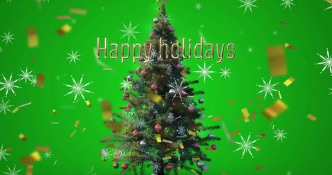 Festive Christmas Tree with Happy Holidays Message on Green Background