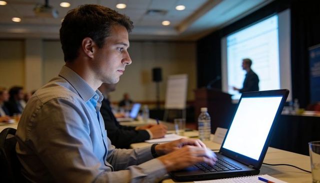 Focused professional typing on laptop during conference presentation, corporate seminar