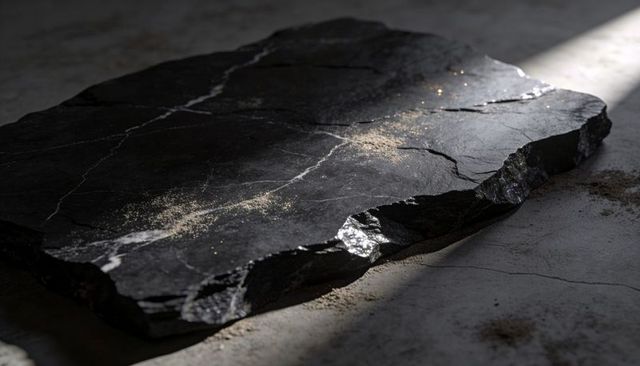Resting rough black stone slab catching narrow light beam with scattered gold dust
