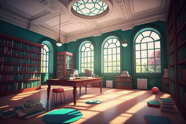 Interior of library with bookcases, table and big windows created using generative ai technology. Library, reading and design concept digitally generated image.