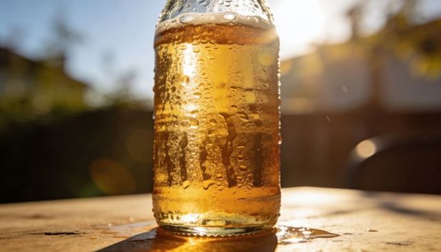 Glowing amber bottle catching sunlight with condensation on wood table, backlit summer drink