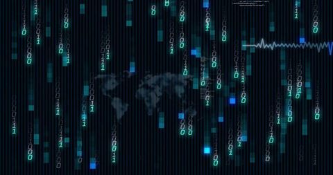 Flow of Binary Codes on World Map Background Representing Cybersecurity