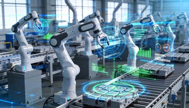 Robotic Arms Assembling Battery Modules on Smart Factory Conveyor with Holographic UI