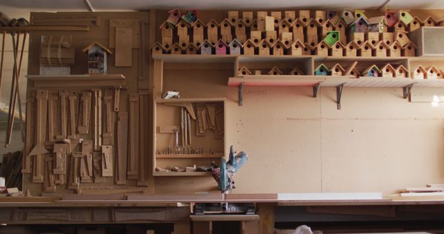 Image of shelves with tools in traditional carpentry workshop. Carpentry, craftsmanship, owning a small business and handwork concept.