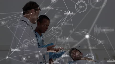 Doctors Analyzing Data with Futuristic Digital Overlay