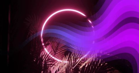 Neon circle ring with purple light ribbons and palm silhouettes retrofuturistic nightlife
