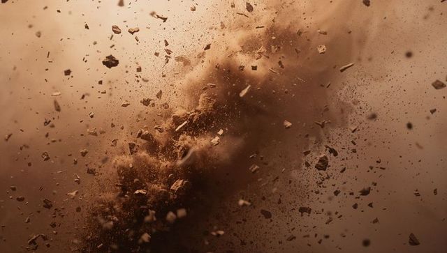 Turbulent explosion of dust and debris in motion