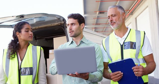 Warehouse Manager Reviewing Inventory with Workers Using Laptop - Download Free Stock Images Pikwizard.com