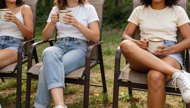 Friends holding speckled mugs, sipping latte and relaxing in backyard chairs