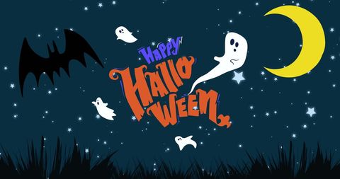 Happy halloween text with bat and ghosts in starry night sky