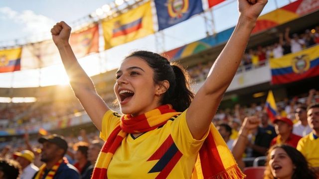 Ecstatic ecuador supporter raising arms in sunlit stadium wearing yellow jersey and scarf