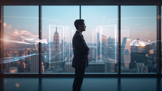 Executive overlooking city skyline with floating holographic data panels at dusk