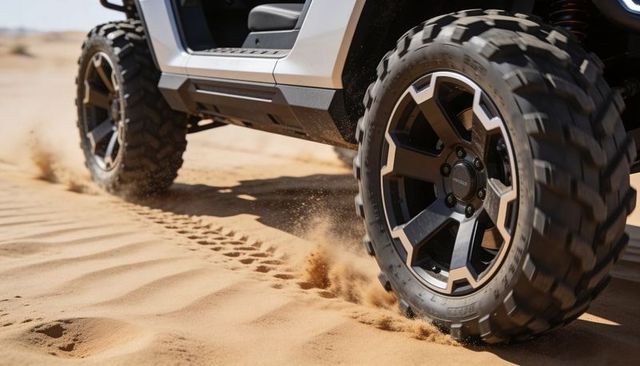 Off-road vehicle kicking sand with rugged alloy wheel on desert dune, knobby tire action