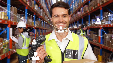 Warehouse Worker with Scanning Device and Global Network Animation