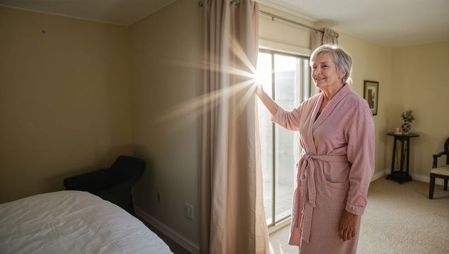 Senior woman opening curtains at sunrise in cozy bedroom wearing pink robe