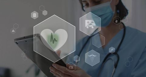 Nurse Using Digital Tablet with Medical Icons in Hospital Setting