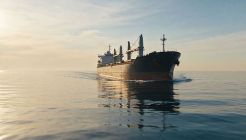 Bulk carrier cruising at dawn with deck cranes and rust-streaked hull over calm sea