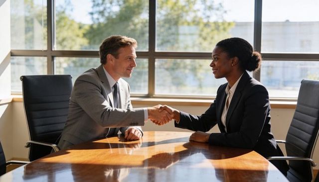 Executives shaking hands across boardroom table sealing agreement in sunlit office