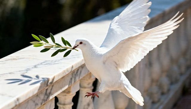 White dove carrying olive branch landing on marble railing with wings outstretched, peace