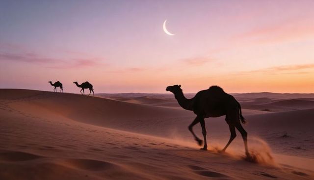 Silhouette camel walking on sand dune at twilight under crescent moon and pastel sky