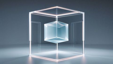 Futuristic translucent cube in glowing frame, minimal design