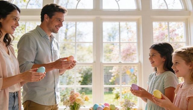 Family celebrating easter with pastel eggs by sunlit arched window, cozy spring gathering