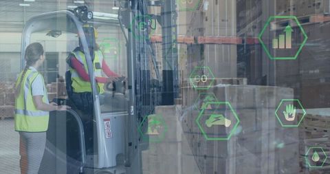 Warehouse Team Discussing Digital Logistics with Futuristic Icons