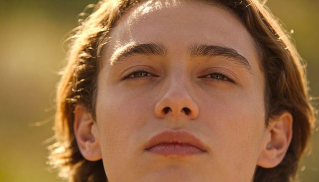 Adolescent male gazing upward during golden-hour backlit closeup, natural outdoor portrait