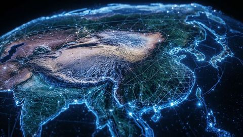 Futuristic 3D Digital Globe Featuring Asia with Illuminated Network Nodes