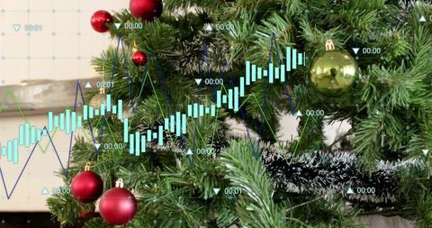 Decorated fir branch featuring red and gold ornaments and financial chart overlay
