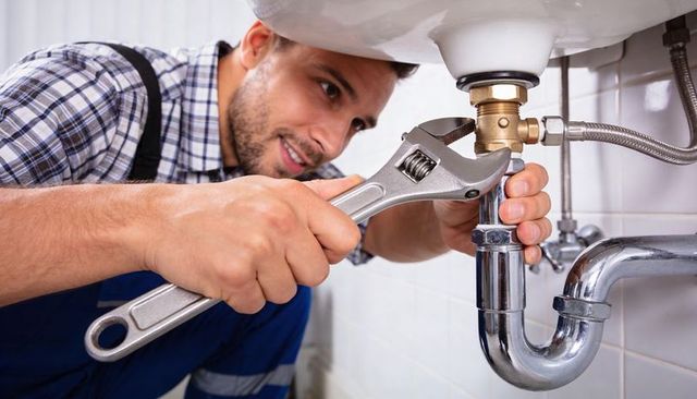 Plumber tightening sink pipe with adjustable wrench under bathroom basin