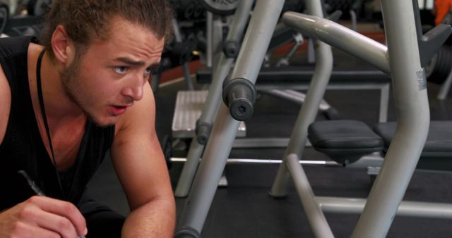 Young man in a black tank top resting during a gym session, appearing focused and determined. This image is ideal for fitness blogs, gym advertisements, workout routines, motivational posters, athletic training courses, and healthy lifestyle promotions.