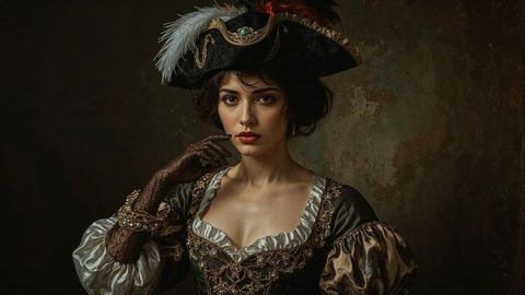 Woman in 18th century brocade gown with tricorn hat