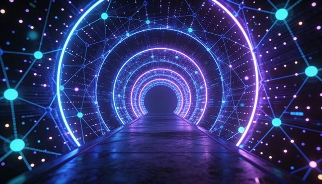 Glowing concentric neon rings forming cyber tunnel with metal walkway and pulsing nodes