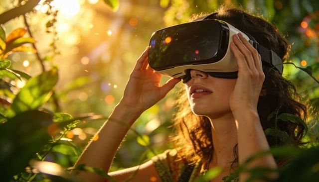 Woman exploring virtual jungle wearing vr headset in sunlit tropical foliage