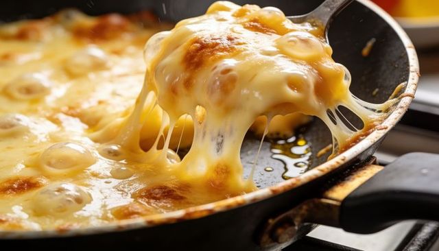 Pulling gooey stringy cheese from skillet bubbling golden caramelized melt on spatula