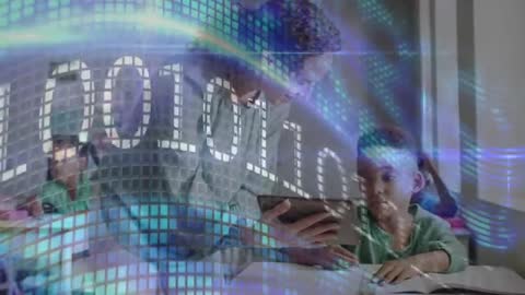 Guiding tablet learning with caregiver mentoring child amid pulsing digital data overlay