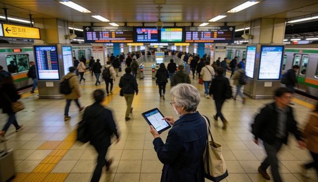 Senior asian woman using tablet in busy metro station navigating transit app