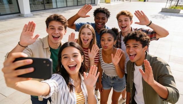 Smiling friends taking outdoor selfie, diverse group enjoying sunny urban plaza