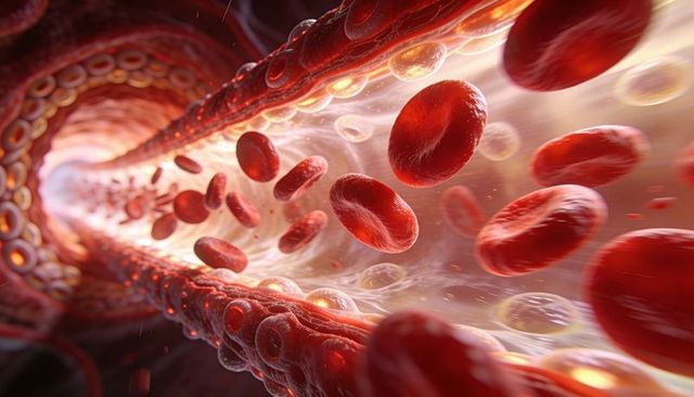 Red blood cells flowing inside blood vessel lumen, 3d medical illustration of microcirculation