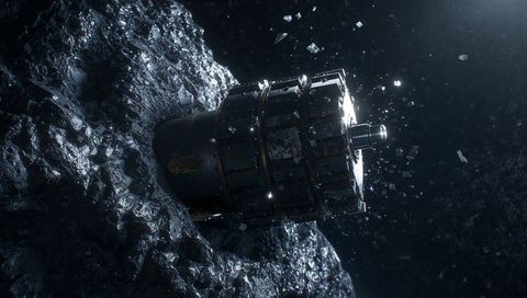 Spacecraft probe gripping asteroid surface, sending metal shards and dust in microgravity