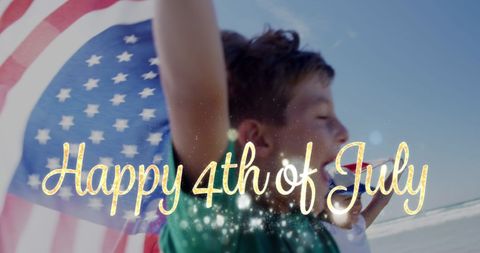 Children Celebrating 4th of July by Beach with USA Flag