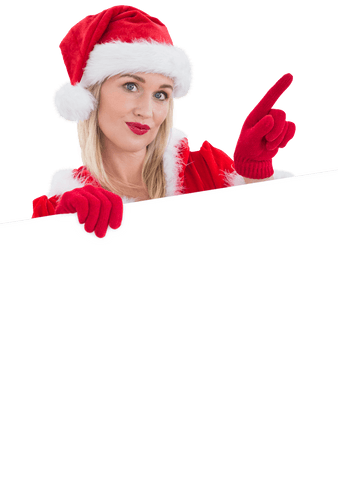 Festive Woman in Santa Costume Holding Transparent Card